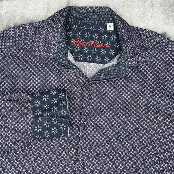 Robert Graham Shirt Mens Medium Flip Cuff Blue Red Squares Button Up Embroidered - Picture 1 of 16